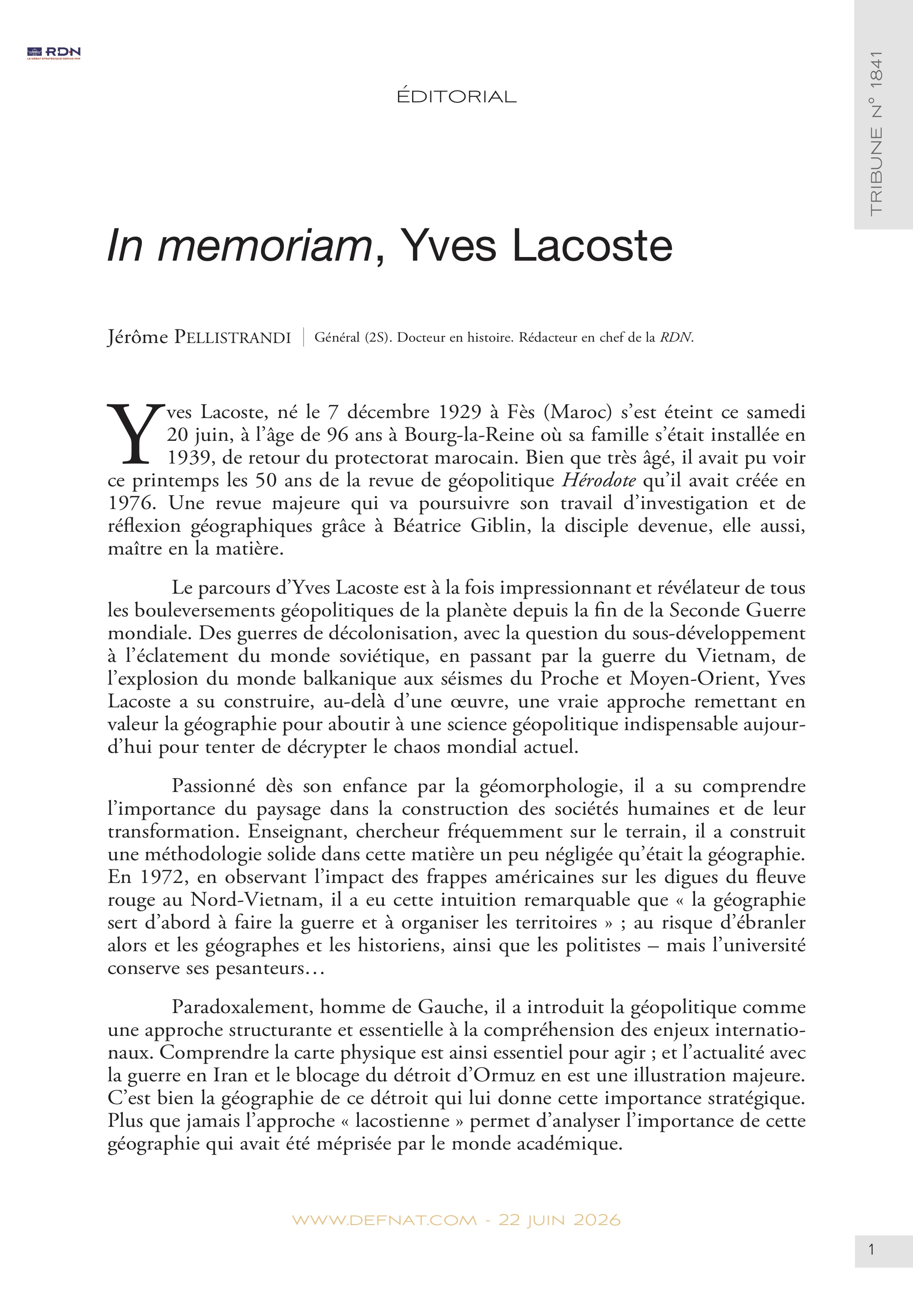 &Eacute;ditorial &ndash;&nbsp;In&nbsp;memoriam, Yves&nbsp;Lacoste (T&nbsp;1841)
